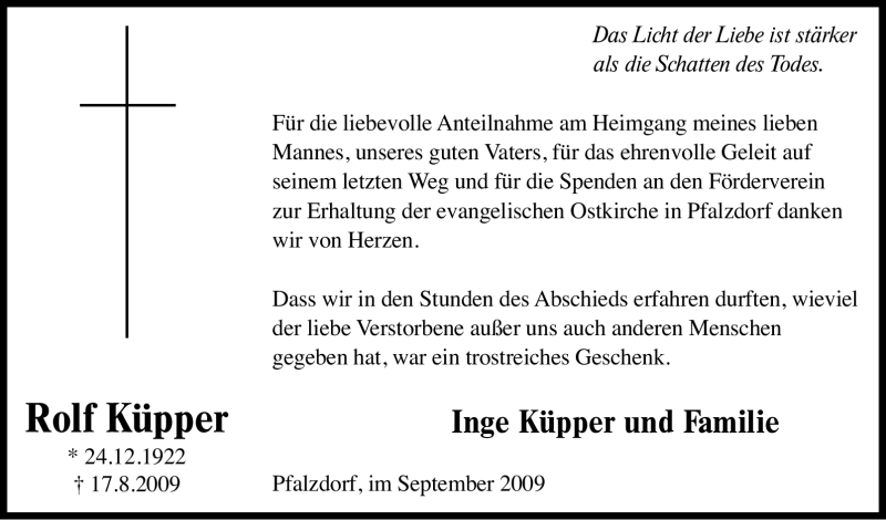  Traueranzeige für Rolf Küpper vom 21.09.2009 aus Tageszeitung