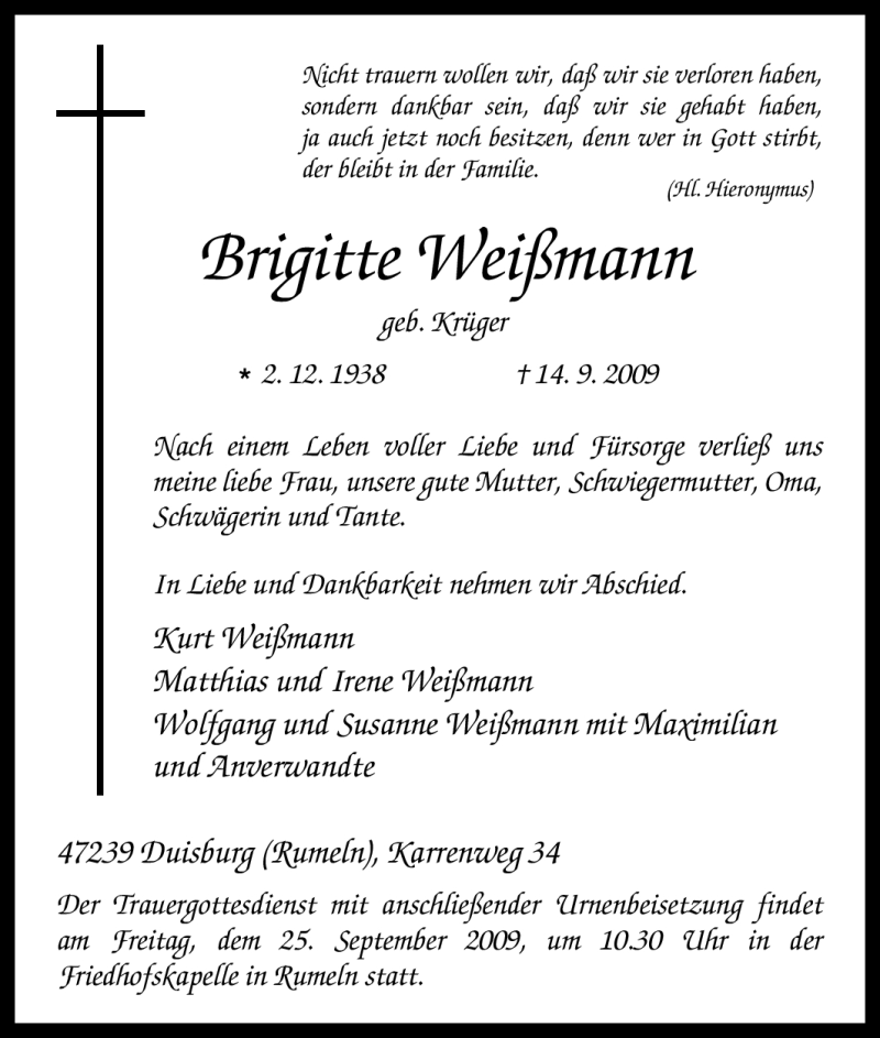  Traueranzeige für Brigitte Weißmann vom 21.09.2009 aus Tageszeitung