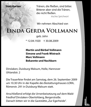 Traueranzeige von Linda Gerda Vollmann von Tageszeitung