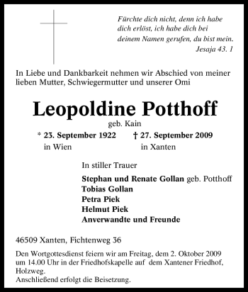 Traueranzeige von Leopoldine Potthoff von Tageszeitung