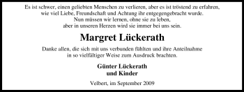 Traueranzeige von Margret Lückerath von Tageszeitung