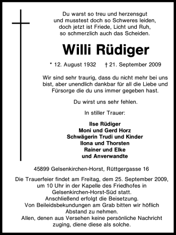 Traueranzeige von Willi Rüdiger von Tageszeitung