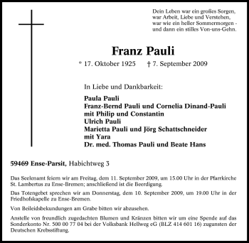 Traueranzeige von Franz Pauli von Tageszeitung