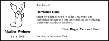 Traueranzeige von Marlies Wehner von Tageszeitung