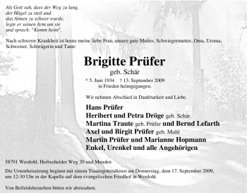 Traueranzeige von Brigitte Prüfer von Tageszeitung