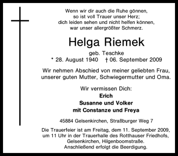 Traueranzeige von Helga Riemek von Tageszeitung