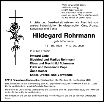 Traueranzeige von Hildegard Rohrmann von Tageszeitung