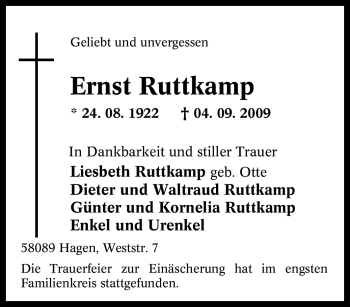 Traueranzeige von Ernst Ruttkamp von Tageszeitung