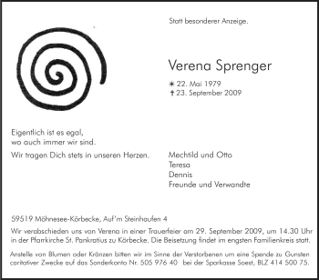Traueranzeige von Verena Sprenger von Tageszeitung
