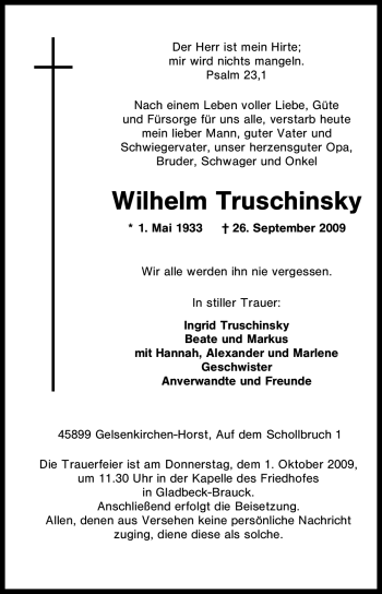 Traueranzeige von Wilhelm Truschinsky von Tageszeitung