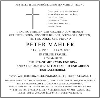 Traueranzeige von Peter Mähler von Tageszeitung