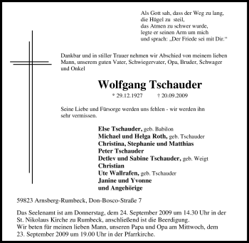 Traueranzeige von Wolfgang Tschauder von Tageszeitung
