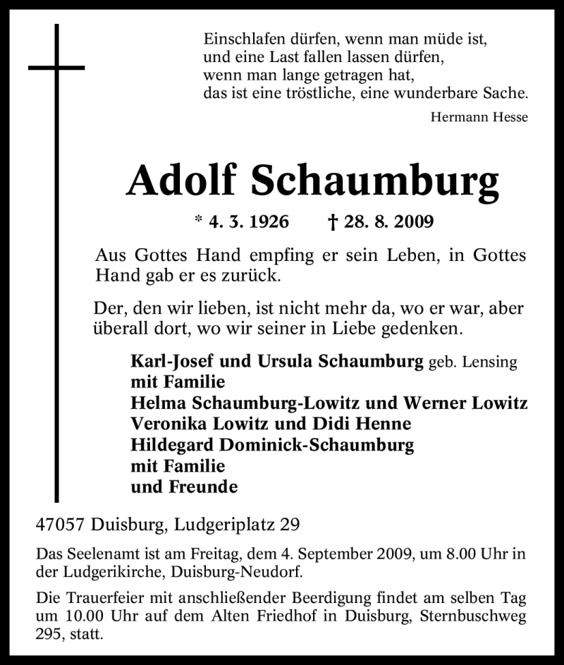  Traueranzeige für Adolf Schaumburg vom 02.09.2009 aus Tageszeitung