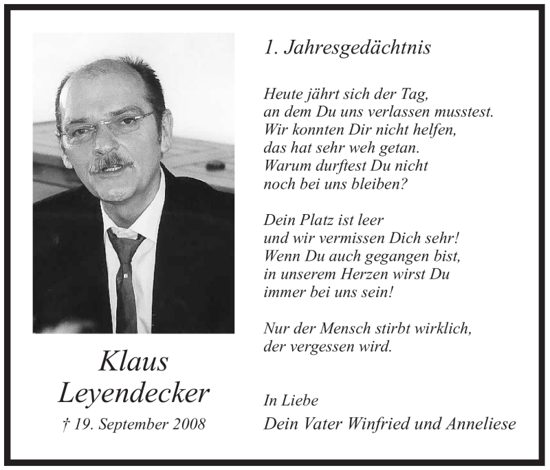  Traueranzeige für Klaus Leyendecker vom 19.09.2009 aus Tageszeitung
