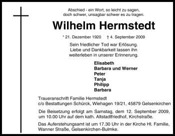 Traueranzeige von Wilhelm Hermstedt von Tageszeitung