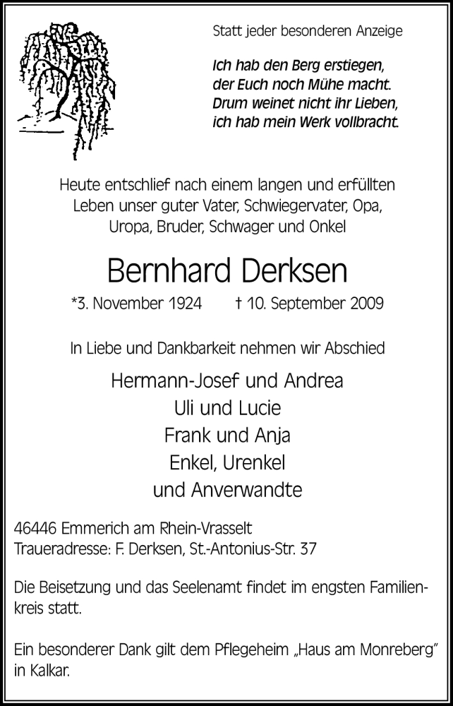  Traueranzeige für Bernhard Derksen vom 11.09.2009 aus Tageszeitung