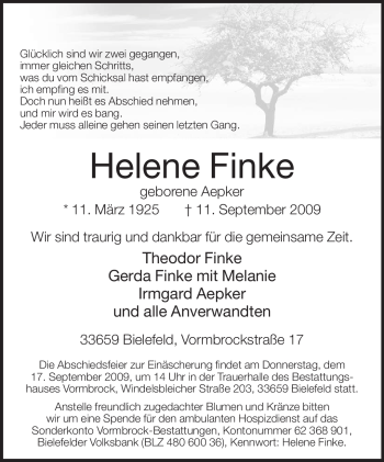 Traueranzeige von Helene Finke von Tageszeitung