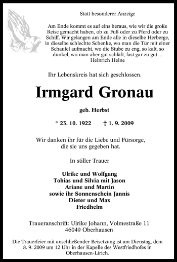 Traueranzeige von Irmgard Gronau von Tageszeitung