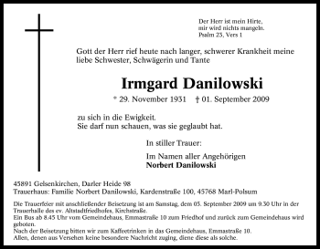 Traueranzeige von Irmgard Danilowski von Tageszeitung