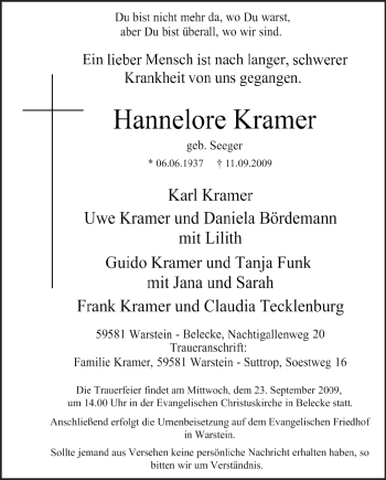 Traueranzeige von Hannelore Kramer von Tageszeitung