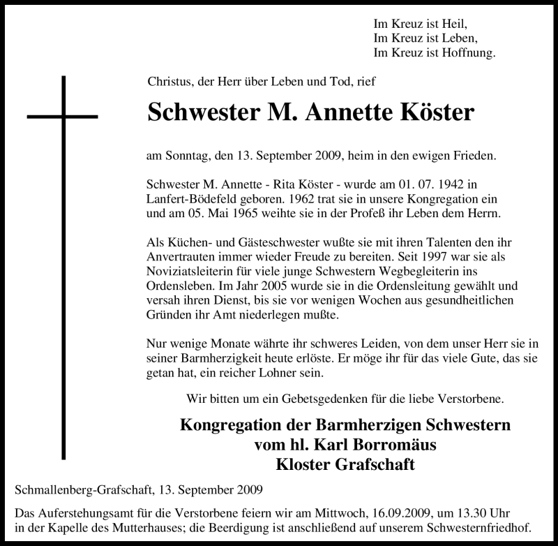  Traueranzeige für M. Annette Köster vom 14.09.2009 aus Tageszeitung