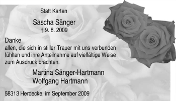 Traueranzeige von Sascha Sänger von Tageszeitung