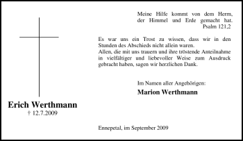 Traueranzeige von Erich Werthmann von Tageszeitung