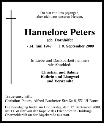 Traueranzeige von Hannelore Peters von Tageszeitung