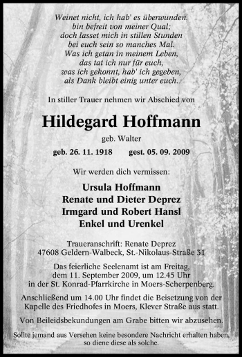 Traueranzeige von Hildegard Hoffmann von Tageszeitung