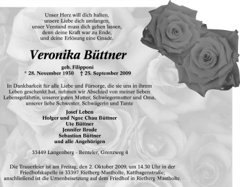 Traueranzeige von Veronika Büttner von Tageszeitung