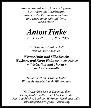 Traueranzeige von Anton Finke von Tageszeitung