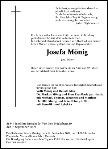 Traueranzeige von Josefa Mönig von Tageszeitung