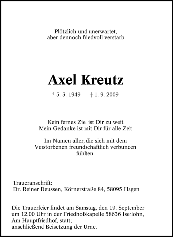 Traueranzeige von Axel Kreutz von Tageszeitung
