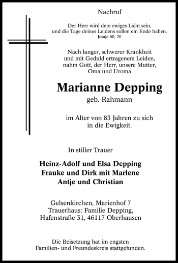 Traueranzeige von Marianne Depping von Tageszeitung