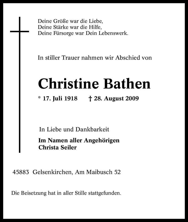  Traueranzeige für Christine Bathen vom 05.09.2009 aus Tageszeitung
