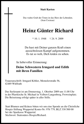 Traueranzeige von Heinz Günter Richard von Tageszeitung