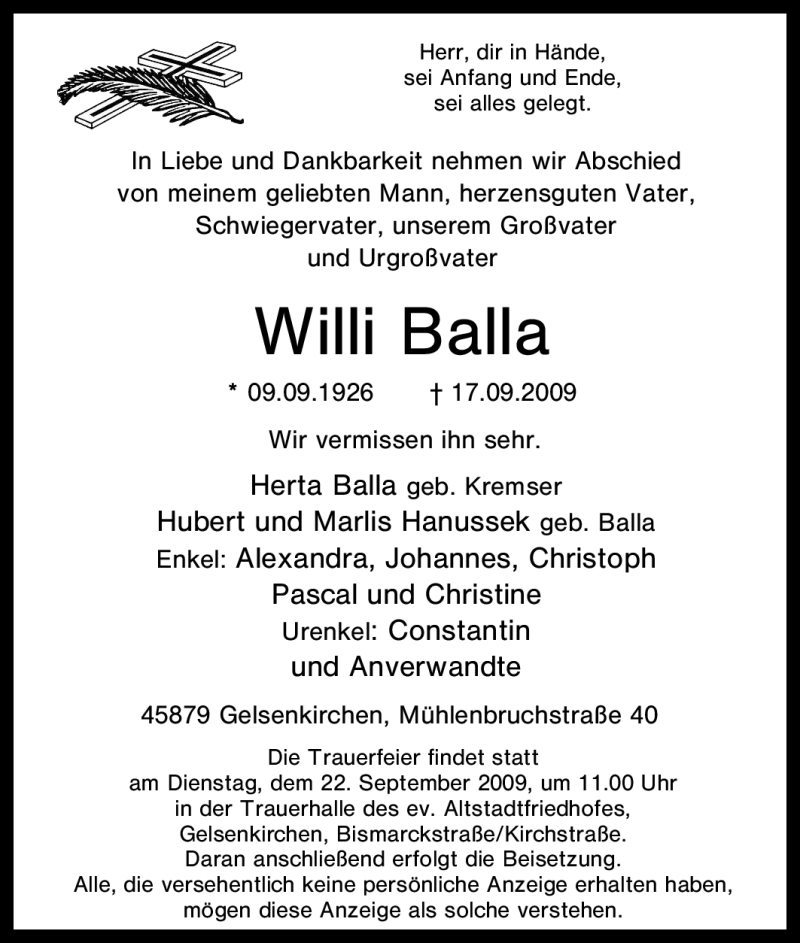  Traueranzeige für Willi Balla vom 19.09.2009 aus Tageszeitung