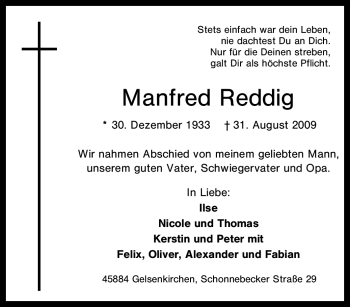 Traueranzeige von Manfred Reddig von Tageszeitung