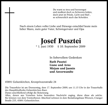 Traueranzeige von Josef Pusztei von Tageszeitung