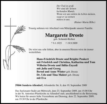 Traueranzeige von Margarete Droste von Tageszeitung