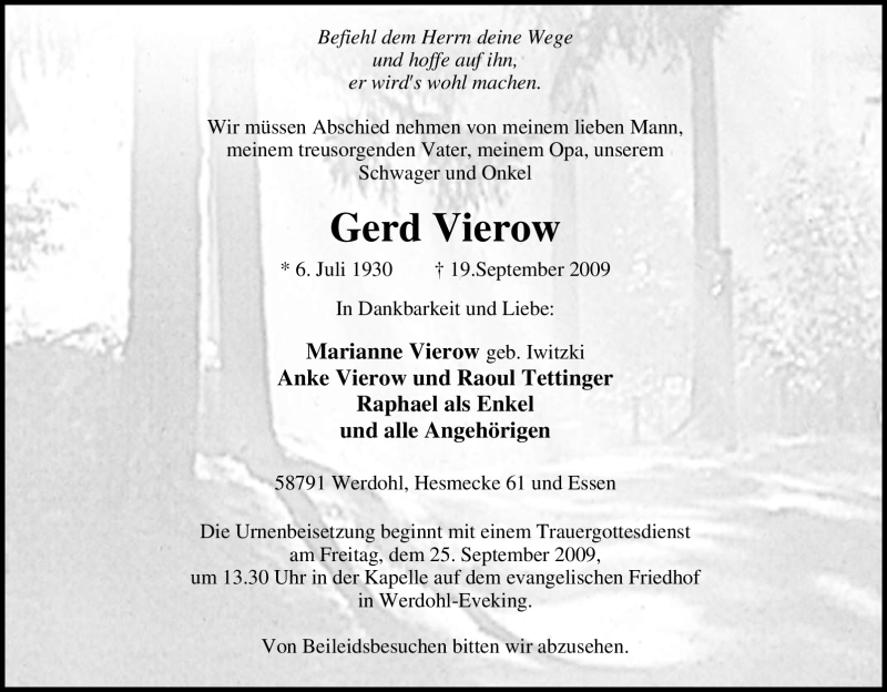  Traueranzeige für Gerd Vierow vom 21.09.2009 aus Tageszeitung