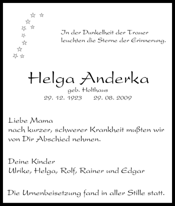 Traueranzeige von Helga Anderka von Tageszeitung