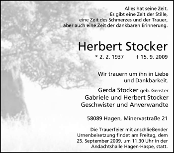 Traueranzeige von Herbert Stocker von Tageszeitung