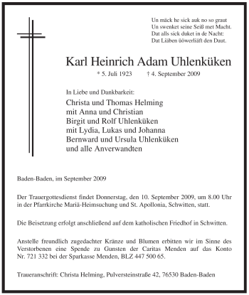 Traueranzeige von Karl Heinrich Adam Uhlenküken von Tageszeitung