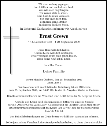 Traueranzeige von Ernst Grewe von Tageszeitung