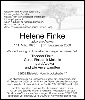 Traueranzeige von Helene Finke von Tageszeitung