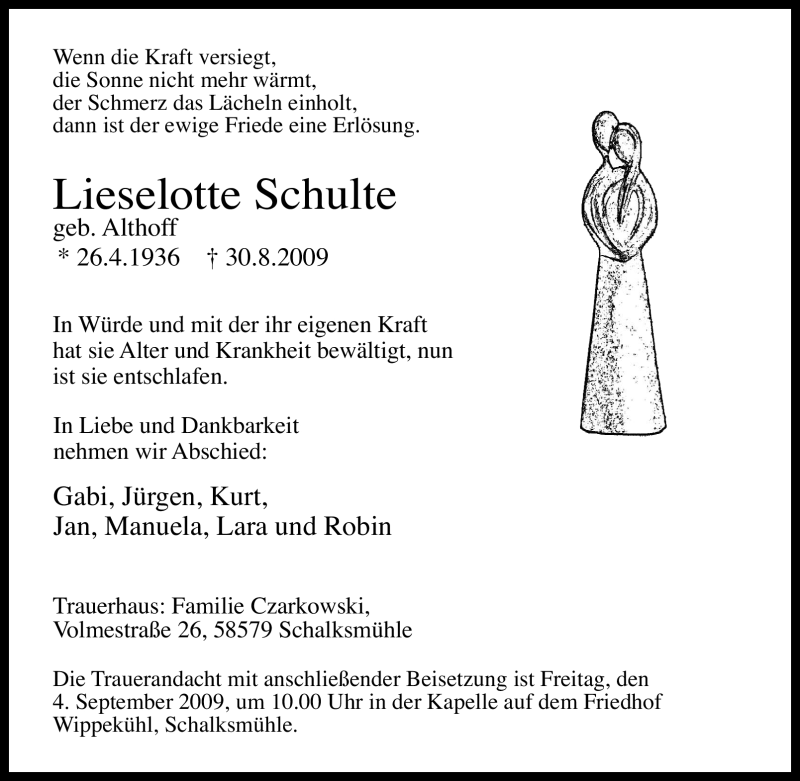  Traueranzeige für Lieselotte Schulte vom 02.09.2009 aus Tageszeitung