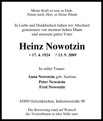 Traueranzeige von Heinz Nowotzin von Tageszeitung