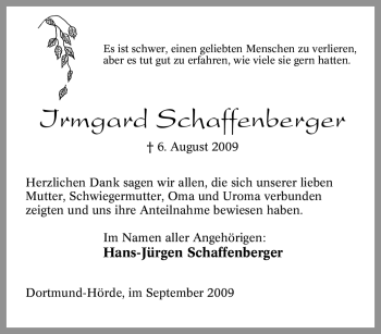 Traueranzeige von Irmgard Schaffenberger von Tageszeitung