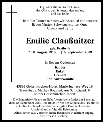 Traueranzeige von Emilie Claußnitzer von Tageszeitung